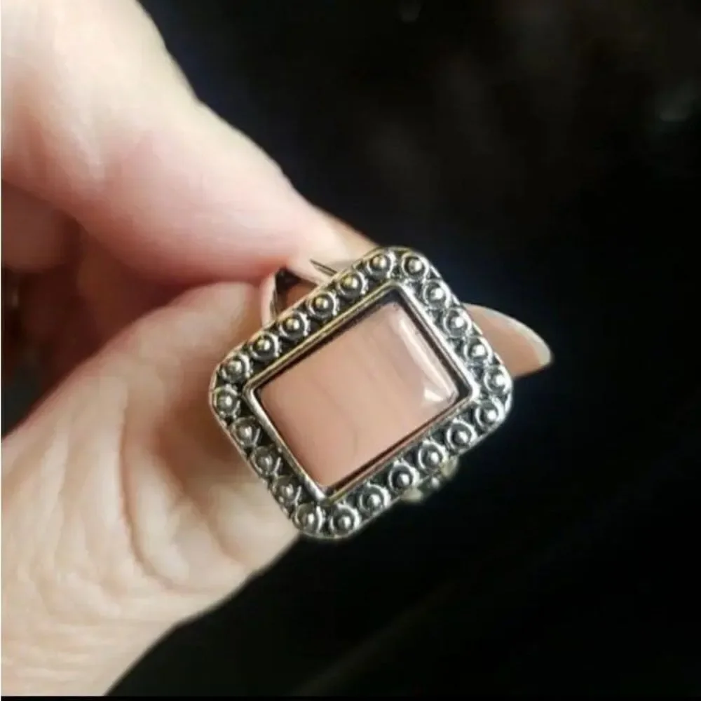 Vintage Square Pink Marble Resin Silver Ring sz 7